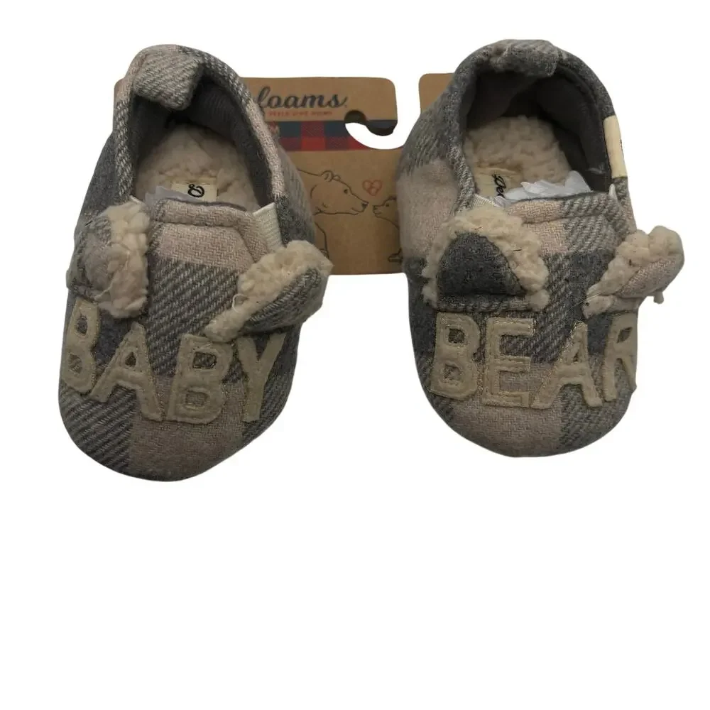 Dearfoams Baby Bear Sherpa Plaid Slippers Gray Buffalo Check NWT Embroidered